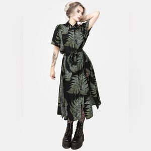 Disturbia Black and Green Fern Print Midi Dress
